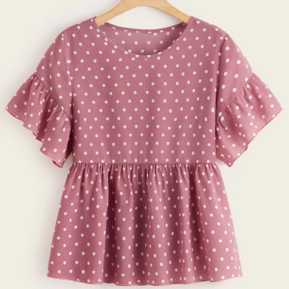 Shein Polka Dot High Elastic Waist Ruffled Short Sleeve‎ Top in Pink & White